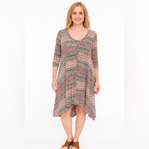 Feathers Pink Gray Sundress Asymmetrical Cuffed Sleeves